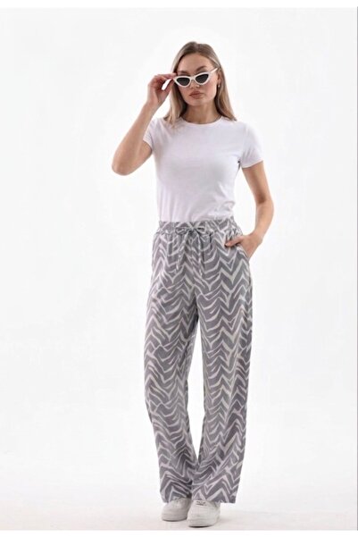 Polologin Butik Zebra Patterned Waist Tie Satin Loose Cut Trousers – Gray/White
