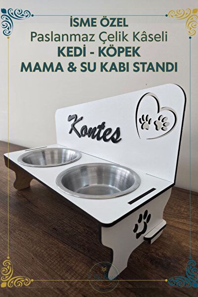 Ma'Vessa İsme Özel Paslanmaz Çelik Kâseli Ahşap Kedi ve Köpek Mama Su Kabı St...