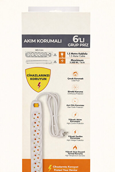 kialed Akım Korumalı Anahtarlı 6’lı Grup Priz 1.5 Metre Kablolu