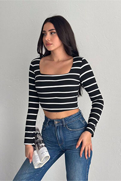 Noa&Noa Square Neck Striped Crop Blouse - Black Black