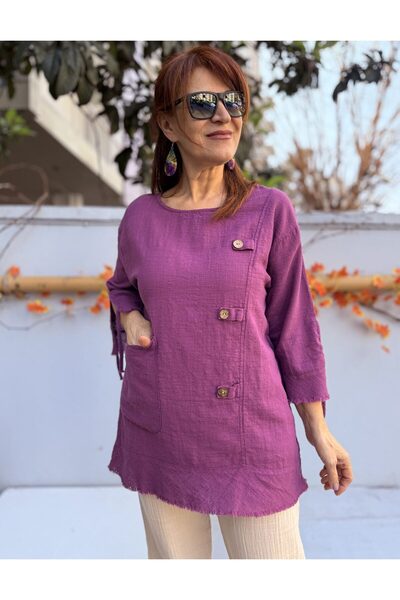 DenizEge Λινή βαμβακερή μπλούζα με υφή, χρώμα δαμασκηνί