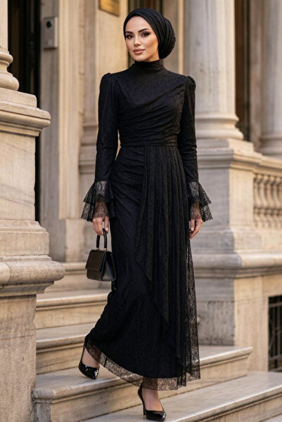 N.S NEVA STYLE Rochie de seară cu dantelă neagră, stil Hijab 9279S