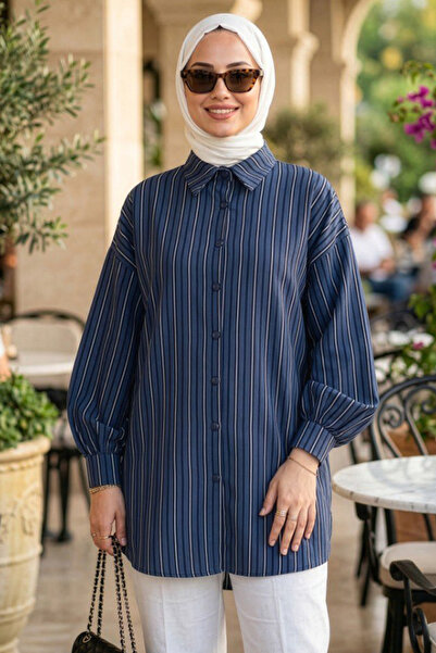 N.S NEVA STYLE Striped Navy Blue Hijab Tunic 101016L