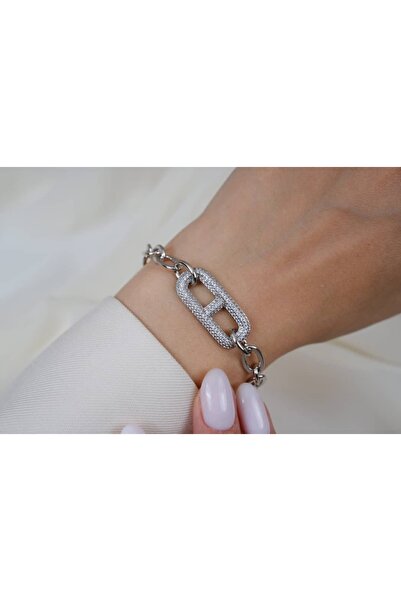 ATELİER TUĞBA Blk308 Large Ring Stone Chain Bracelet Silver (Adjustable)