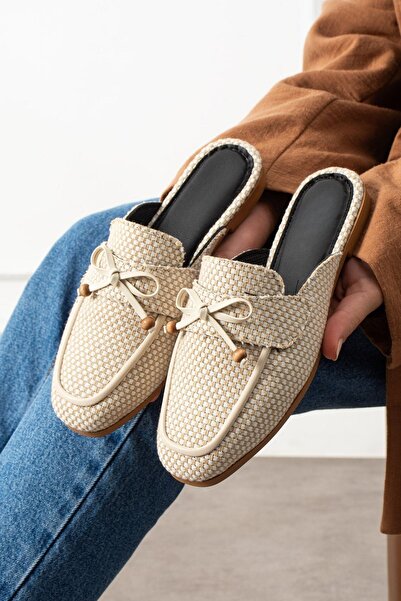 STOCON Piera Checkered Beige Bowknot Wooden Bead Detailed Closed-Front Slippe...