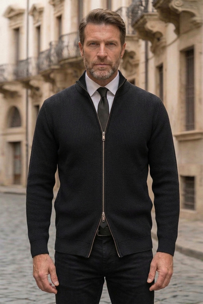 NAZEF Slim Fit Double-Way Zipper High Collar Ribbed Cotton Black Cardigan