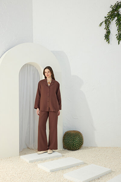 Aker Brown Off-Shoulder Jacket Collar Pajama Top