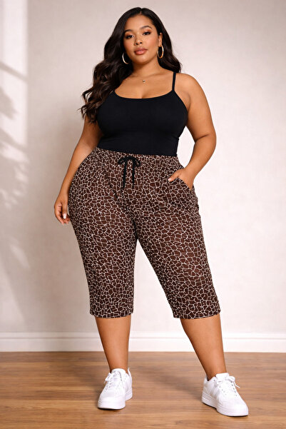 Buhara BÜYÜK BEDEN KAHVERENGİ DESENLİ BELİ LASTİKLİ CEPLİ RAHAT KESİM VİSKON ...