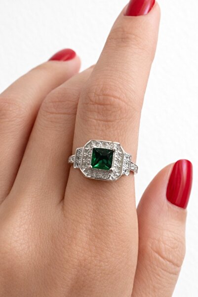 TAKIŞTIR Silver Color Green Stone Detailed Adjustable Ring