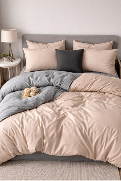 LaLiva Beige Gray Solid Color Double Elastic Sheet Duvet Cover Set