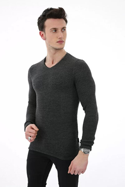 MORADO SE SIENTE PERFECTO Plain Embossed Patterned V-Neck Men's Casual Knitwe...