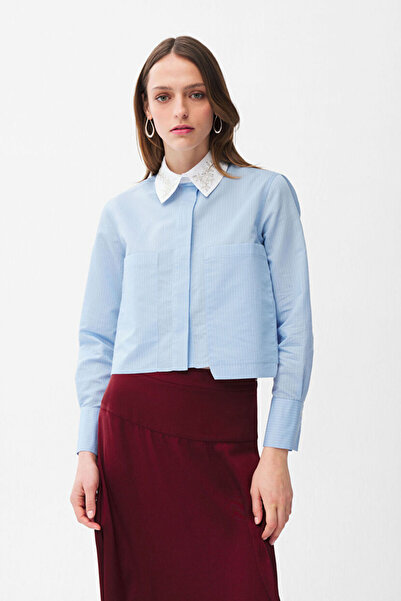 adL Yakası Taş Detaylı Çizgili Gömlek