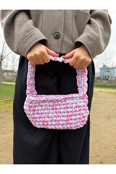 SINEAKSESUAR El Yapımı Örgü El Çantası – Pembe Beyaz Örme Günlük Kullanım Şık...