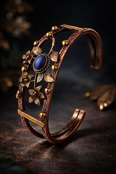 İyyaKee Kadın Bakır Bileklik Mavi Taşlı Yapraklı Ve Çiçekli Model Bilezik Kel...