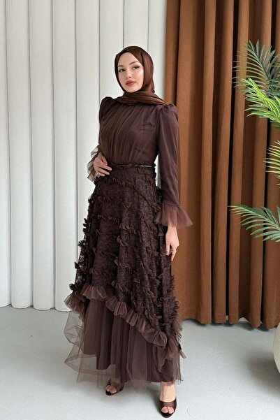 Modaensarbutik Etek Dantel Detaylı Kat Kat Tesettür Abiye-KAHVERENGİ