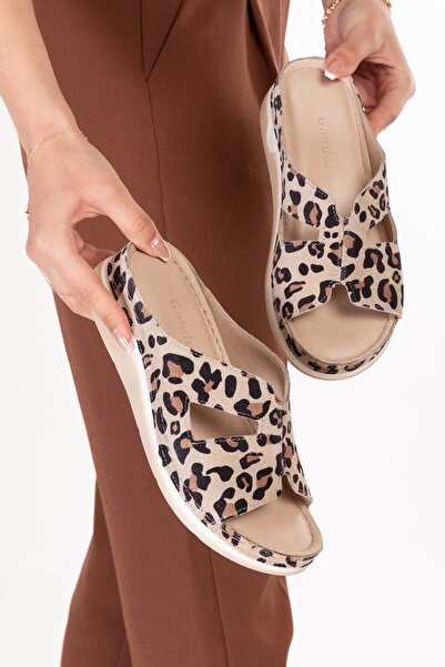Gondol Παντόφλες από γνήσιο δέρμα με άνετο και πρακτικό σχέδιο rh.23 Μπεζ Λεοπάρ