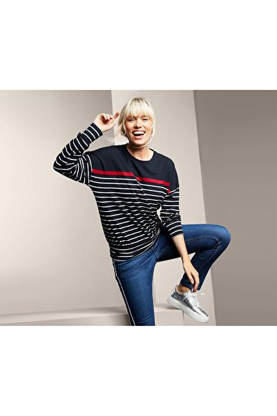 Tchibo بلوزة نسائية بياقة دائرية وأكمام طويلة مخططة، لون كحلي