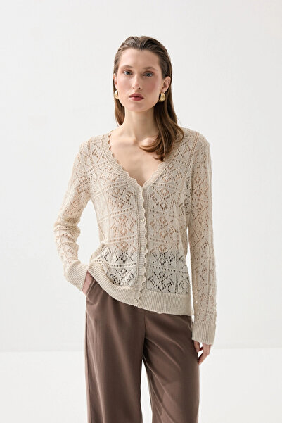 Gusto Cardigan ajurat cu mânecă lungă - Stone