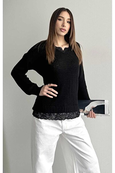 yeditepe fashion Διαφανή Πλεκτά με Λεπτομέρεια Δαντέλας