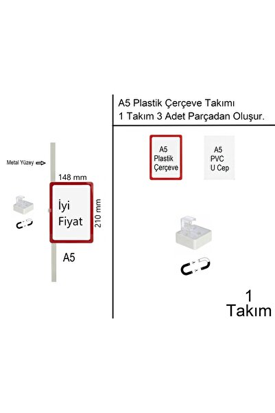 A5 Plastik Reklam Afiş Çerçevesi Kırmızı / Mıknatıslı Yatay Tutucu