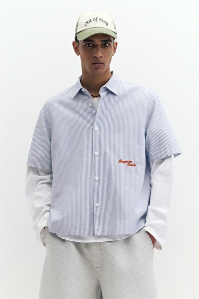 Pull & Bear Kısa kollu poplin çizgili gömlek