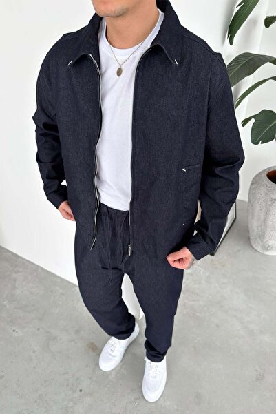 HAFKAGİYİM Navy Blue Zippered Textured Relaxed Fit Boxy Jacket