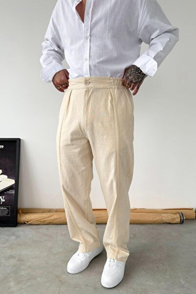 HAFKAGİYİM Beige Straw Detail Baggy Linen Trousers
