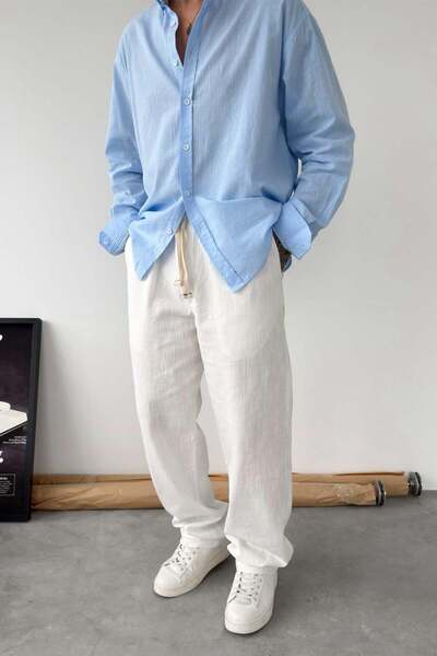 HAFKAGİYİM White Embroidered Baggy Linen Trousers