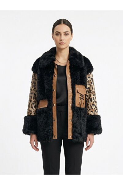 Rabiossa Women's Leopard Detailed Black Faux Fur Design Jacket