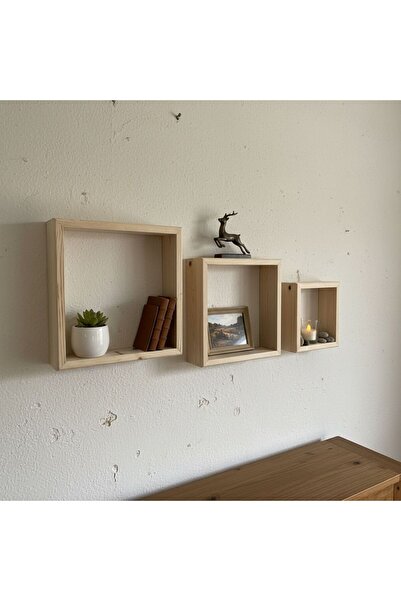 Altınbaşak Dekorasyon Duvar Rafı Kare 3'lü Doğal Ahşap Masif