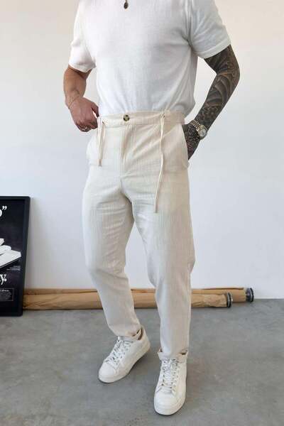 HAFKAGİYİM Beige Premium Regular Linen Trousers