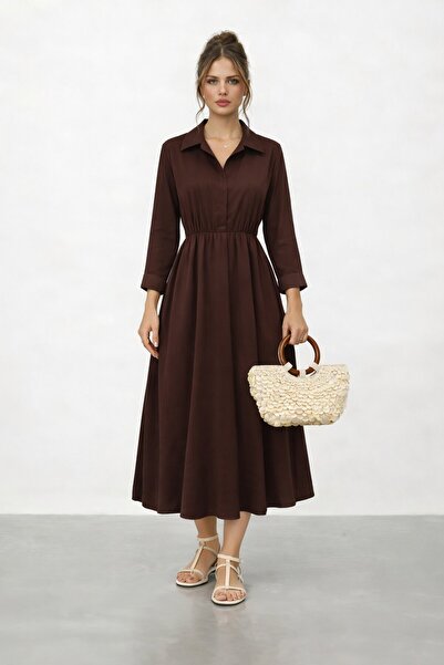 VAGGON Shirt Collar Elastic Waist Long Sleeve Midi Dress