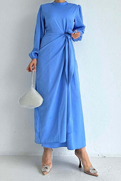 MELEK ARAZ Side Gathered Dress with Elastic Sleeves - Blue