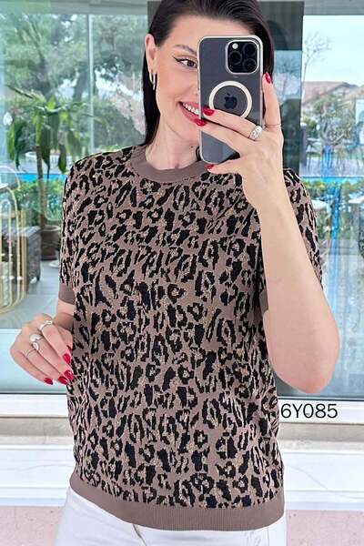 İnce Topuk Leopard Patterned Mercerized Knitwear Blouse 6Y085