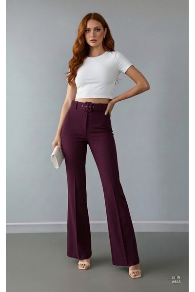LEXİNWEAR Kadın İspanyol Paça Kemerli Pantolon Hafif Likralı İthal DoubleFace...