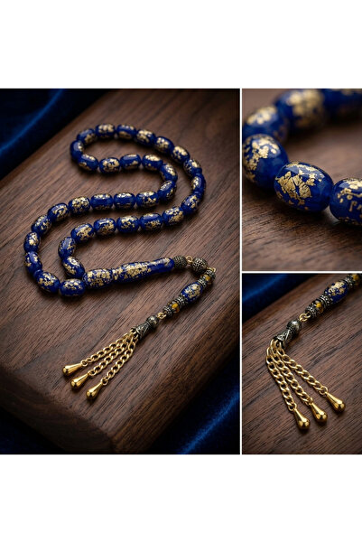 Mareluxe Golden Rosary Lacivert Uçak Camı Yıldız Taşı Gold İşlemeli Premium T...