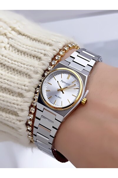 Ferrucci ساعة يد نسائية بسوار فولاذي وهيكل فولاذي، مقاومة للماء حتى 3 ATM، ضم...