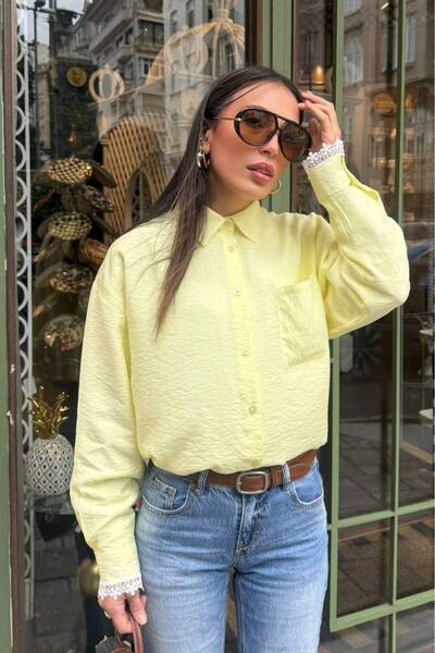 Varyete Women's Comfortable Oversize Lace Detail Woven Fabric Shirt