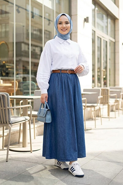 Hb Harma Time Butik Women's Belted Dark Denim Blue Skirt with Pockets