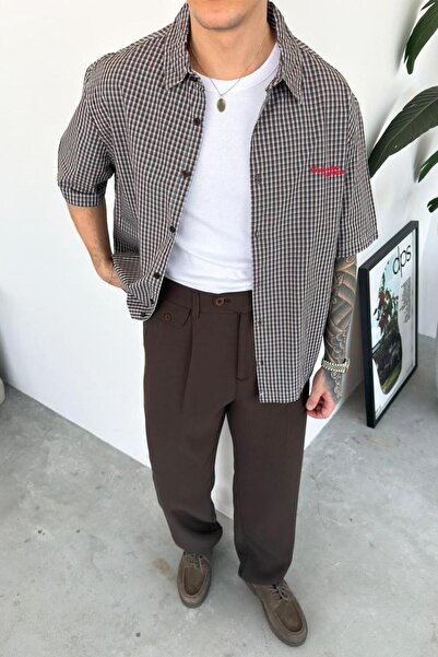 HAFKAGİYİM Καφέ Καθημερινό Κεντητό Καρό Πουκάμισο Old School Oversize