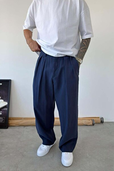 HAFKAGİYİM Navy Blue Pleated Modal Fabric Baggy Trousers