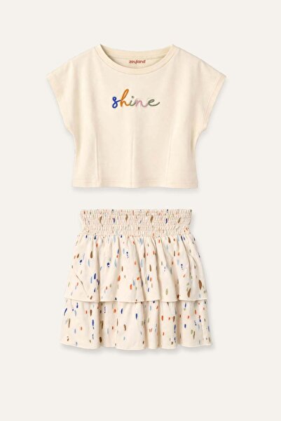 Zeyland Kız Çocuk Nakışlı T-shirt ve Etek Takım - Krem