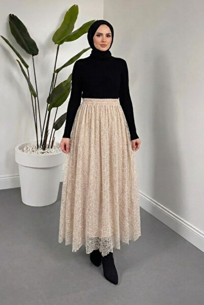 Tesettür Diyarı Noft Ασύμμετρη Δαντελένια Φούστα Χιτζάμπ με Φόδρα - Μπεζ