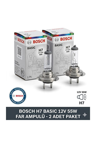 Bosch H7 Basic 12V 55W Far Ampulü 499 – Orijinal Uzun Ömürlü Halojen Ampul – ...