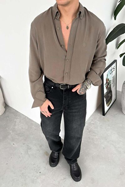 HAFKAGİYİM Хакі вишита модальна сорочка оверсайз