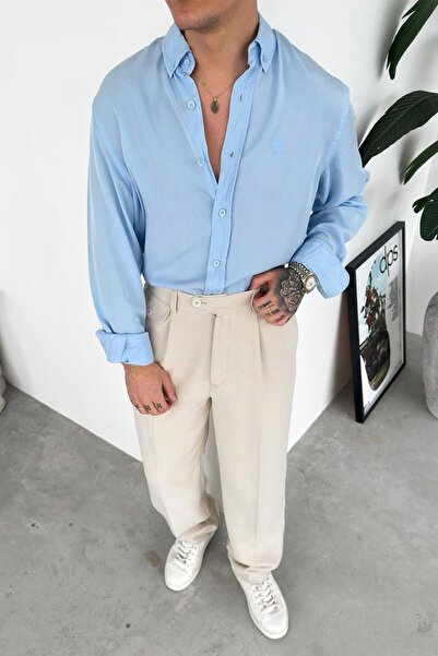 HAFKAGİYİM Baby Blue Embroidered Oversize Modal Shirt