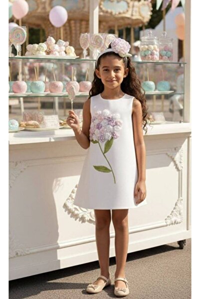 Pamina 3-7 Yaş Kız Çocuk Abiye Elbise Düğün Doğum Günü Modeli Ekru Çiçek Nakı...