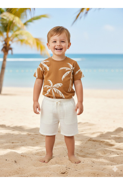 Alin Alp 3-9 Years Old Boy's Palm Tree Patterned T-Shirt Muslin Shorts Set-8/9 Y
