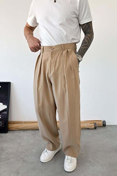 HAFKAGİYİM Beige Pleated Modal Fabric Baggy Pants