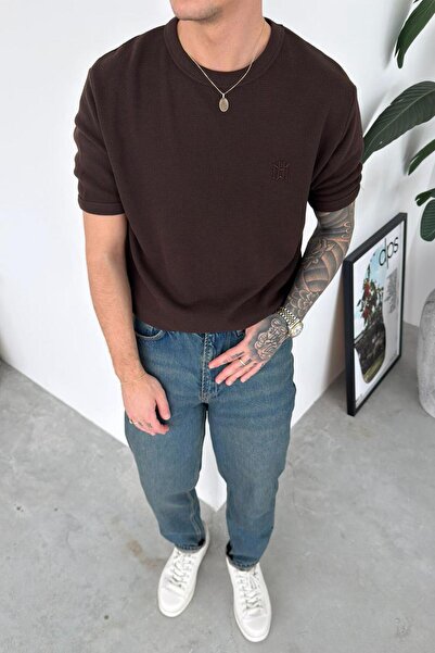 HAFKAGİYİM Коричнева текстурована футболка оверсайз з вишивкою